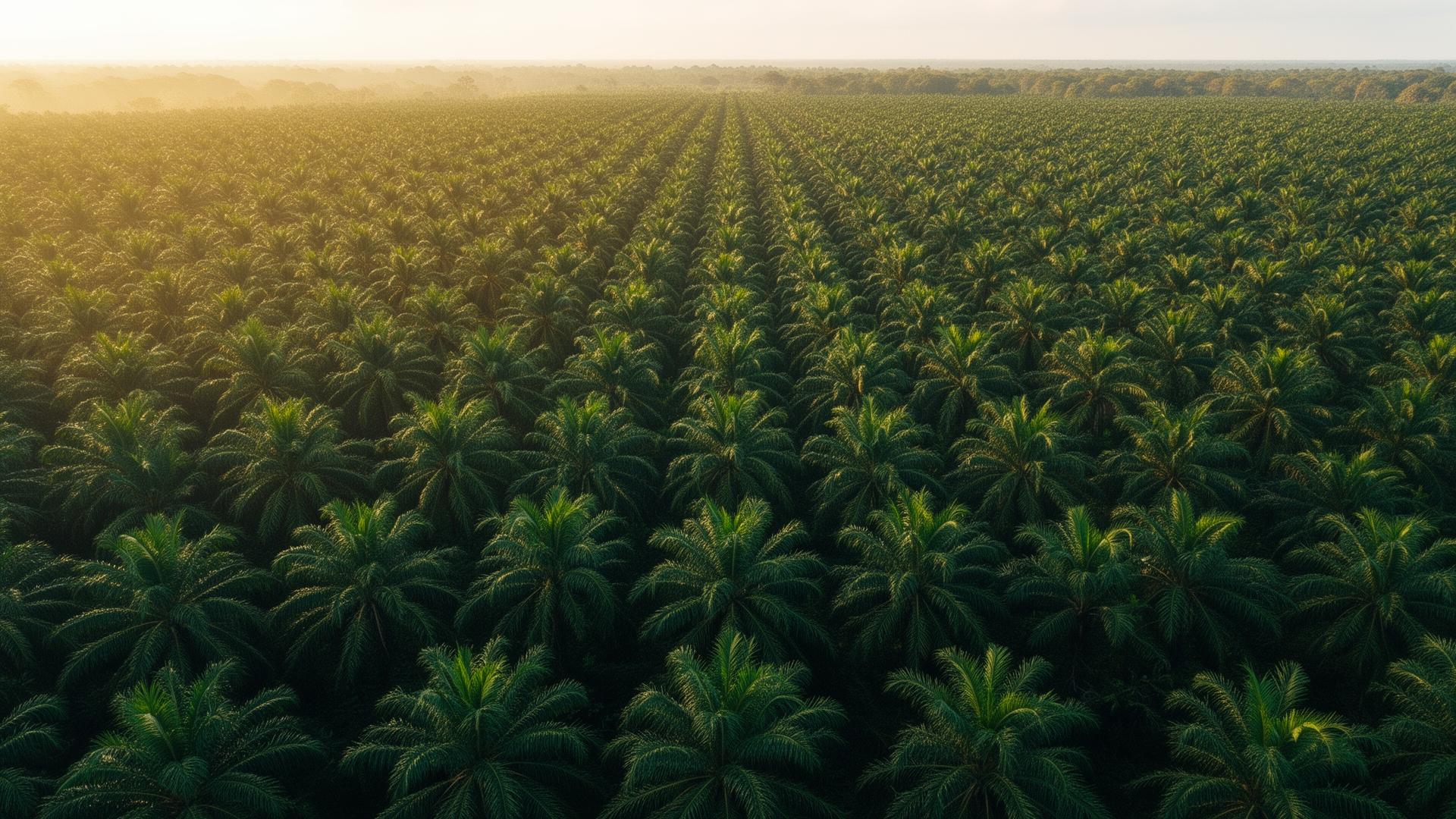Aerial palm oil plantation at golden hour